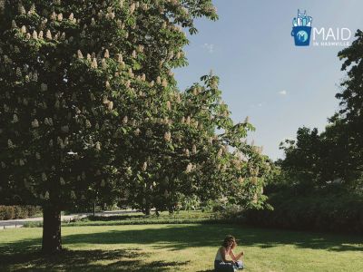 woman sitting on the grass at the park